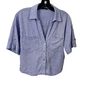 ZARA WOMEN'S LINEN BUTTON UP SHIRT BLUE BOXY OVERSIZED SZ Small